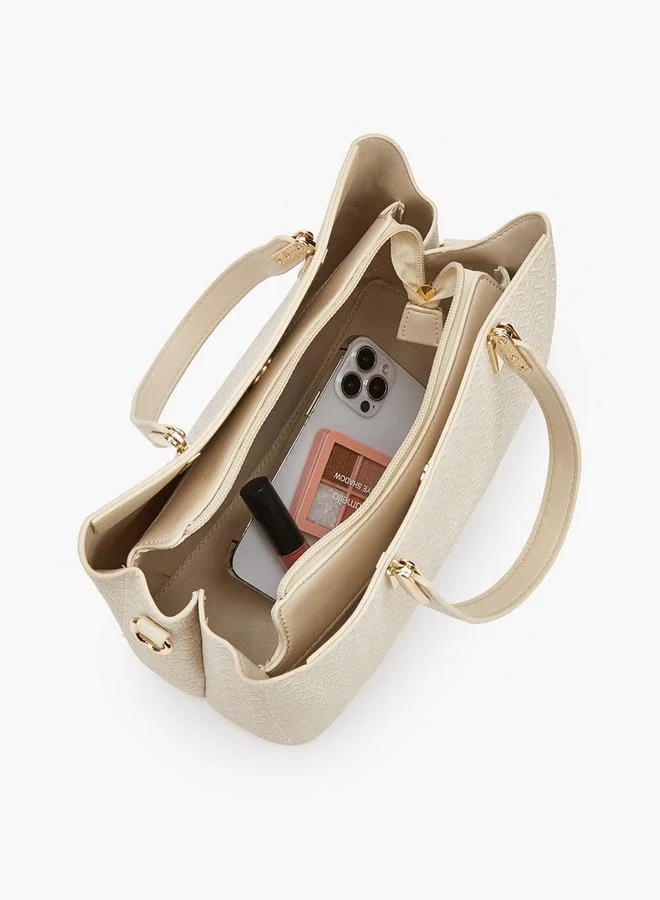 Flora Bella By Shoexpress beige Monogram Print Tote Bag With Detachable Strap for Women | Best Price UAE