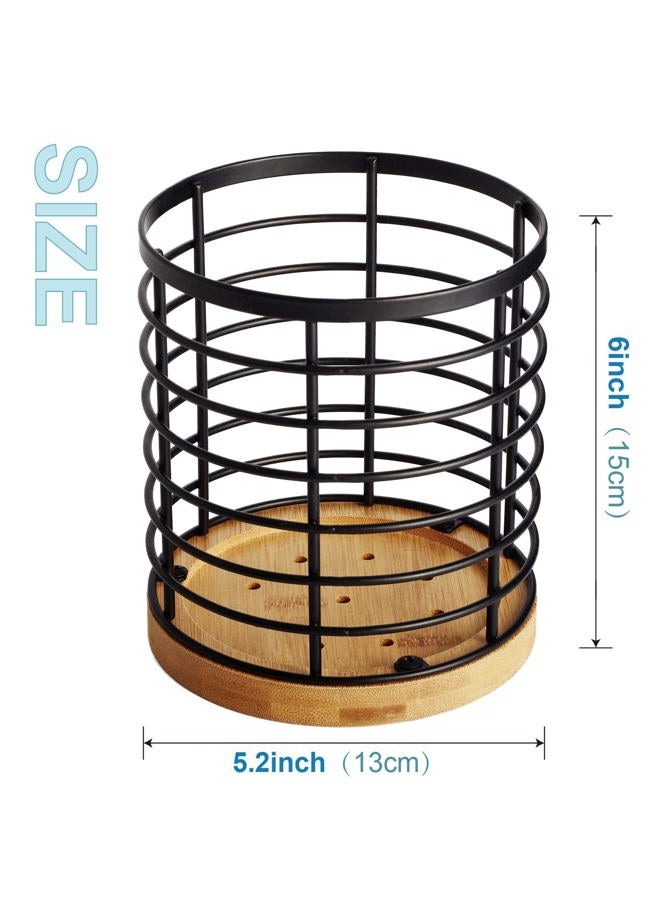 WDT Tool Utensil holder for Kitchen Counter - 5.2" x 5.2" x 6" Large Round with Wooden Base Matte Black Cooking Utensil Holder Utensil Organizer (Metal+Bamboo) - Image 5