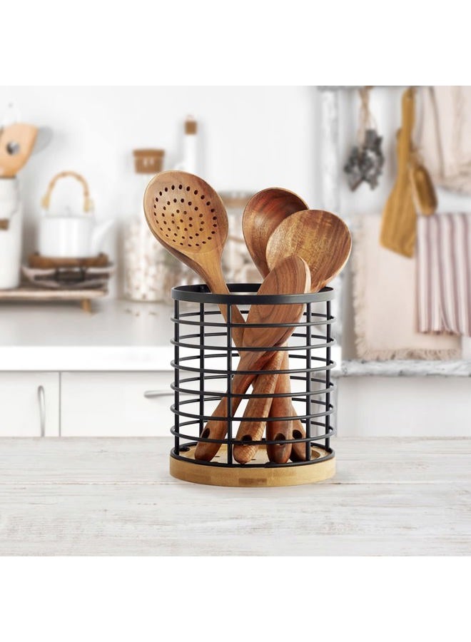 WDT Tool Utensil holder for Kitchen Counter - 5.2" x 5.2" x 6" Large Round with Wooden Base Matte Black Cooking Utensil Holder Utensil Organizer (Metal+Bamboo) - Image 2