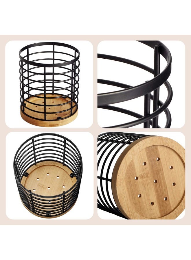 WDT Tool Utensil holder for Kitchen Counter - 5.2" x 5.2" x 6" Large Round with Wooden Base Matte Black Cooking Utensil Holder Utensil Organizer (Metal+Bamboo) - Image 3
