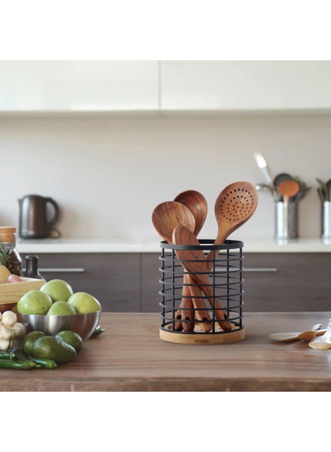 WDT Tool Utensil holder for Kitchen Counter - 5.2" x 5.2" x 6" Large Round with Wooden Base Matte Black Cooking Utensil Holder Utensil Organizer (Metal+Bamboo) - Image 4