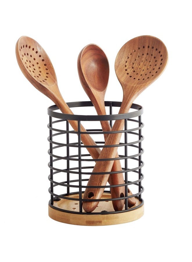 WDT Tool Utensil holder for Kitchen Counter - 5.2" x 5.2" x 6" Large Round with Wooden Base Matte Black Cooking Utensil Holder Utensil Organizer (Metal+Bamboo) - Image 1