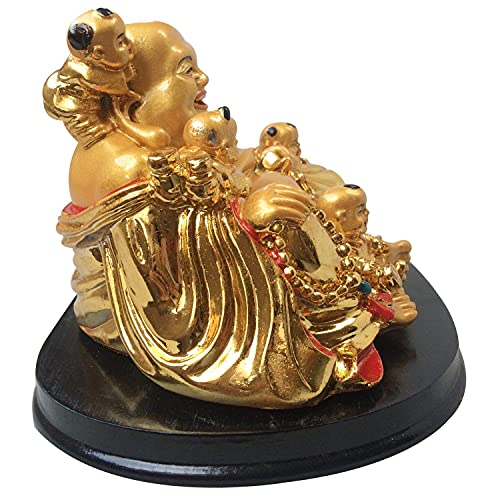 RIPE INDIA Feng Shui Laughing Buddha Showpiece with 5 Children for Health Wealth and Happiness (13Cm Golden) - Image 3