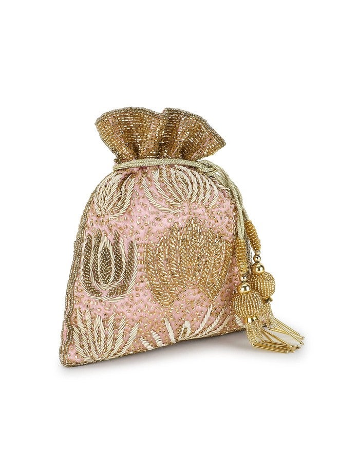 Anekaant Dangle Pastel Pink, Champagne & Gold Satin Floral Embellished Potli - Image 2