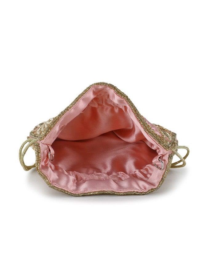 Anekaant Dangle Pastel Pink, Champagne & Gold Satin Floral Embellished Potli - Image 4