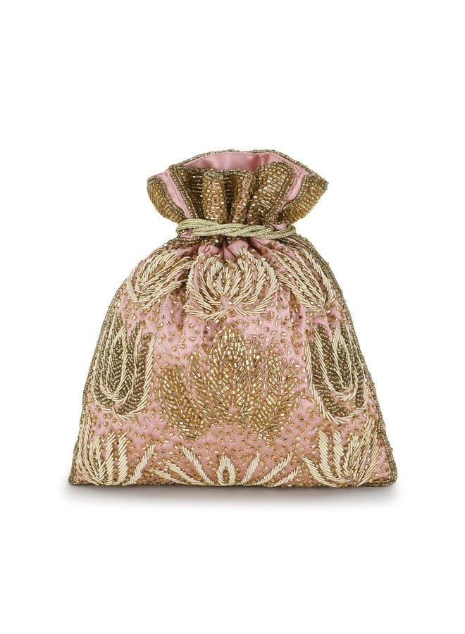 Anekaant Dangle Pastel Pink, Champagne & Gold Satin Floral Embellished Potli - Image 3