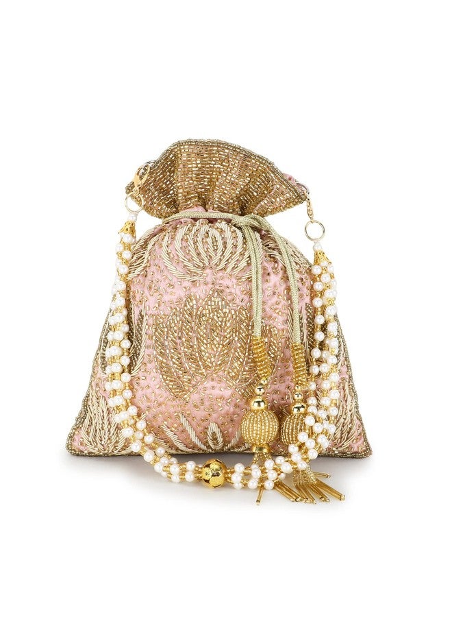 Anekaant Dangle Pastel Pink, Champagne & Gold Satin Floral Embellished Potli - Image 5