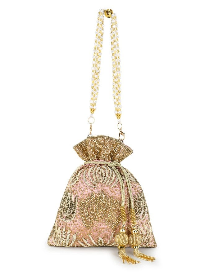Anekaant Dangle Pastel Pink, Champagne & Gold Satin Floral Embellished Potli - Image 1