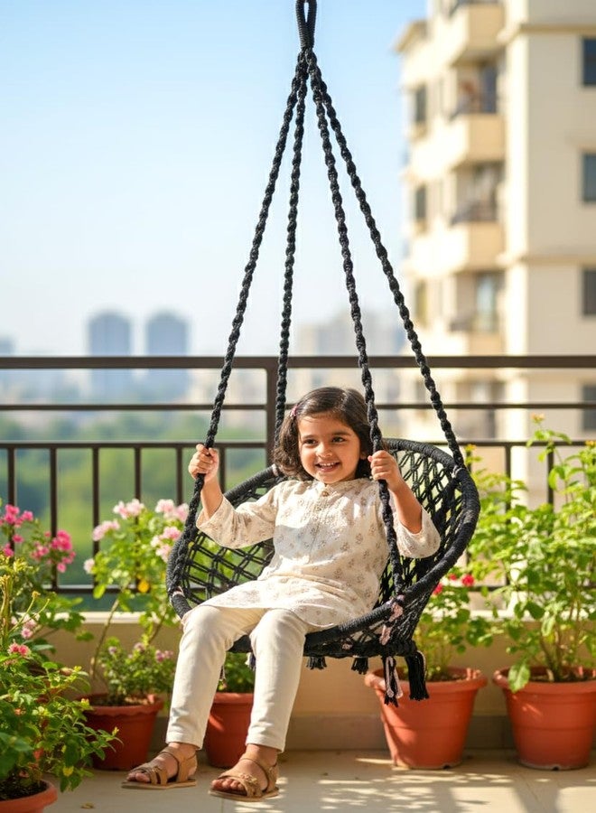 Patiofy أرجوحة أطفال دائرية من القطن من باتيوفي / أرجوحة للأطفال / أرجوحة منزلية للأطفال / أرجوحة معلقة للأطفال في الداخل والخارج / مثالية للأطفال من 5 إلى 15 سنة / أرجوحة للأطفال / كرسي متأرجح للأطفال (أسود) - Image 1