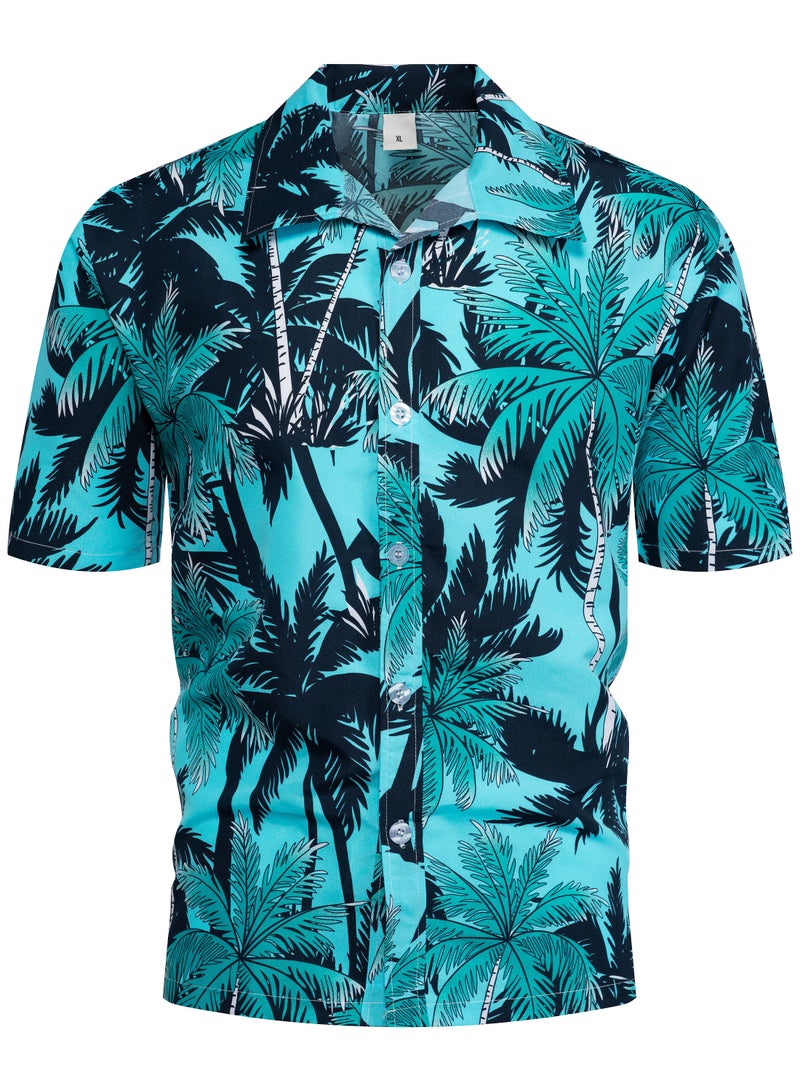 Loquat Leaves Printed Short Sleeves Shirt Blue  - Image 1