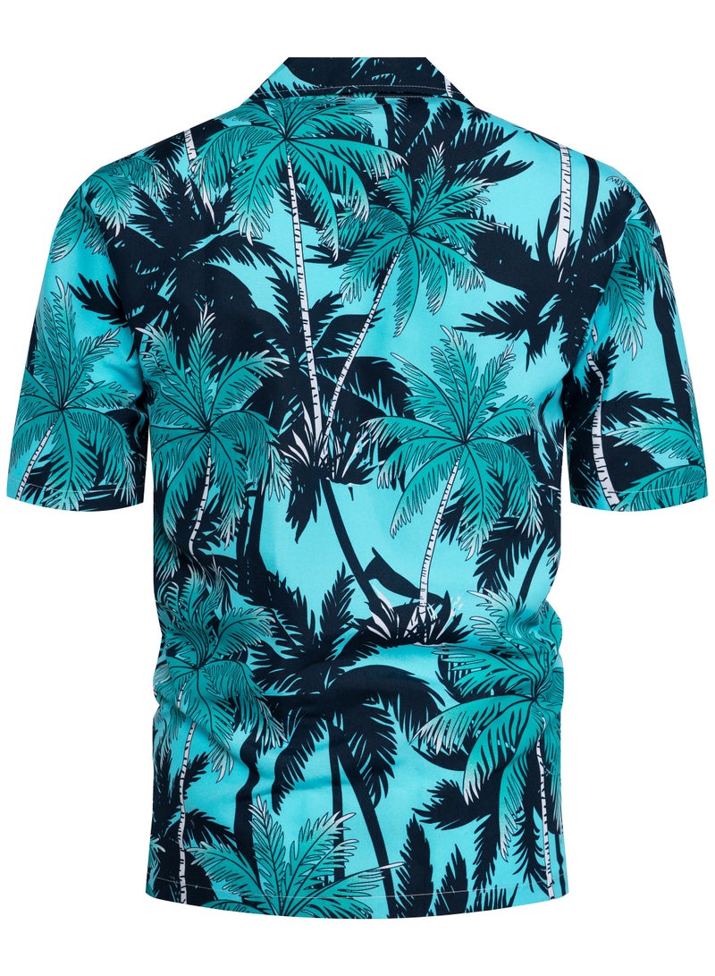 Loquat Leaves Printed Short Sleeves Shirt Blue  - Image 2