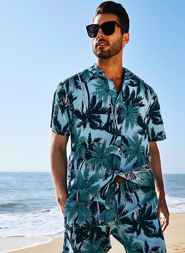 Loquat Leaves Printed Short Sleeves Shirt Blue  - Image 3