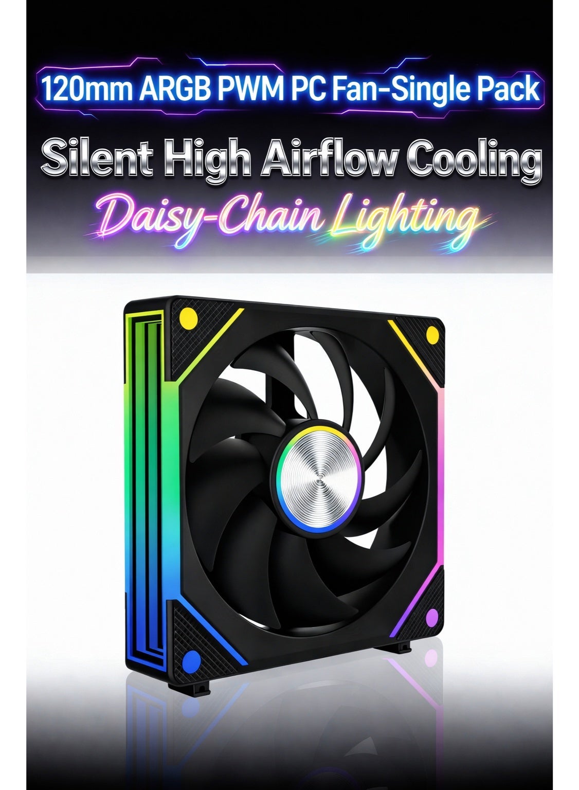 120mm ARGB PWM Computer Cooling Fan – Silent High Airflow Case Fan (Single Pack), supports daisy-chaining, features 3-pin and PWM control, suitable for gaming PCs and radiators.