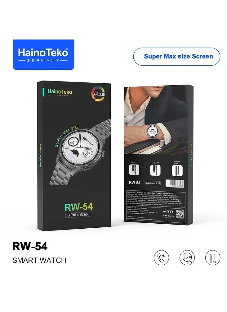 Haino Teko RW 54 Round Screen Super Size AMOLED Display Smart Watch With 3 Pair Straps and Wireless Charger Black