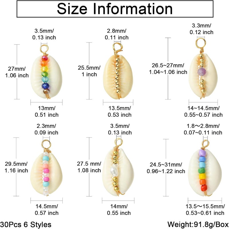 Ipotkitt 30 Pcs 6 Styles Natural Cowrie Shell Charms Colorful Copper Wire Wrapped Sea Charms Ocean White Shell Charms for DIY Craft Jewelry Making - Image 2