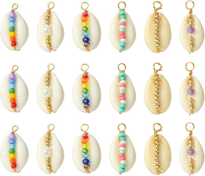 Ipotkitt 30 Pcs 6 Styles Natural Cowrie Shell Charms Colorful Copper Wire Wrapped Sea Charms Ocean White Shell Charms for DIY Craft Jewelry Making - Image 1