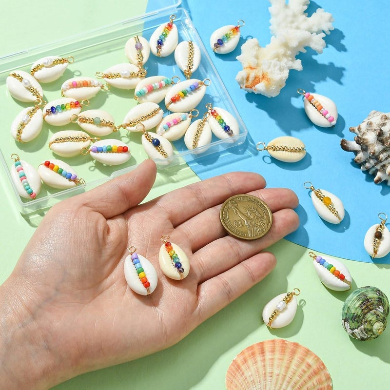 Ipotkitt 30 Pcs 6 Styles Natural Cowrie Shell Charms Colorful Copper Wire Wrapped Sea Charms Ocean White Shell Charms for DIY Craft Jewelry Making - Image 3