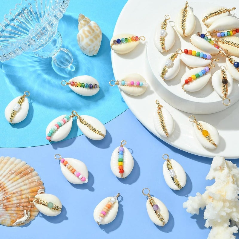 Ipotkitt 30 Pcs 6 Styles Natural Cowrie Shell Charms Colorful Copper Wire Wrapped Sea Charms Ocean White Shell Charms for DIY Craft Jewelry Making - Image 4