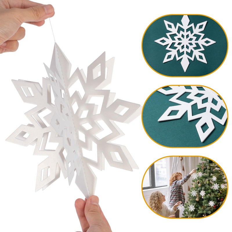 Crafare 18 Pieces Paper Winter Christmas Hanging Snowflake Decorations 3D Large White Snowflakes with String 6 inch  8 inch10 inch for Christmas New Year's Party Frozen-Themed Birthday Celebration - Image 2