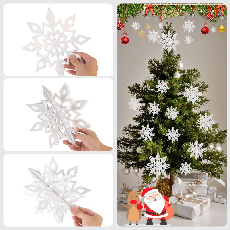 Crafare 18 Pieces Paper Winter Christmas Hanging Snowflake Decorations 3D Large White Snowflakes with String 6 inch  8 inch10 inch for Christmas New Year's Party Frozen-Themed Birthday Celebration - Image 4
