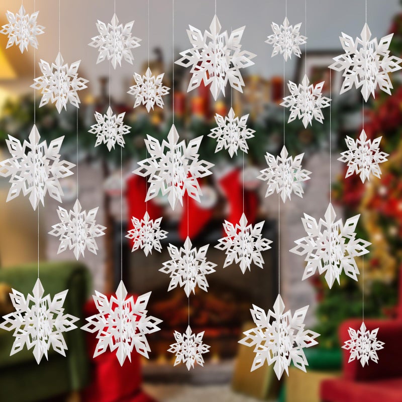 Crafare 18 Pieces Paper Winter Christmas Hanging Snowflake Decorations 3D Large White Snowflakes with String 6 inch  8 inch10 inch for Christmas New Year's Party Frozen-Themed Birthday Celebration - Image 1