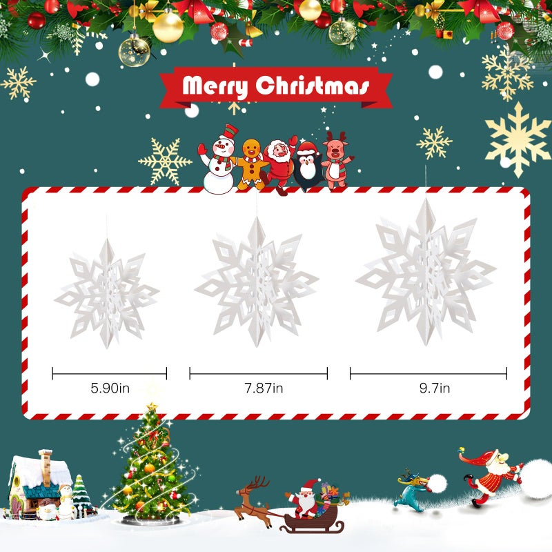 Crafare 18 Pieces Paper Winter Christmas Hanging Snowflake Decorations 3D Large White Snowflakes with String 6 inch  8 inch10 inch for Christmas New Year's Party Frozen-Themed Birthday Celebration - Image 3