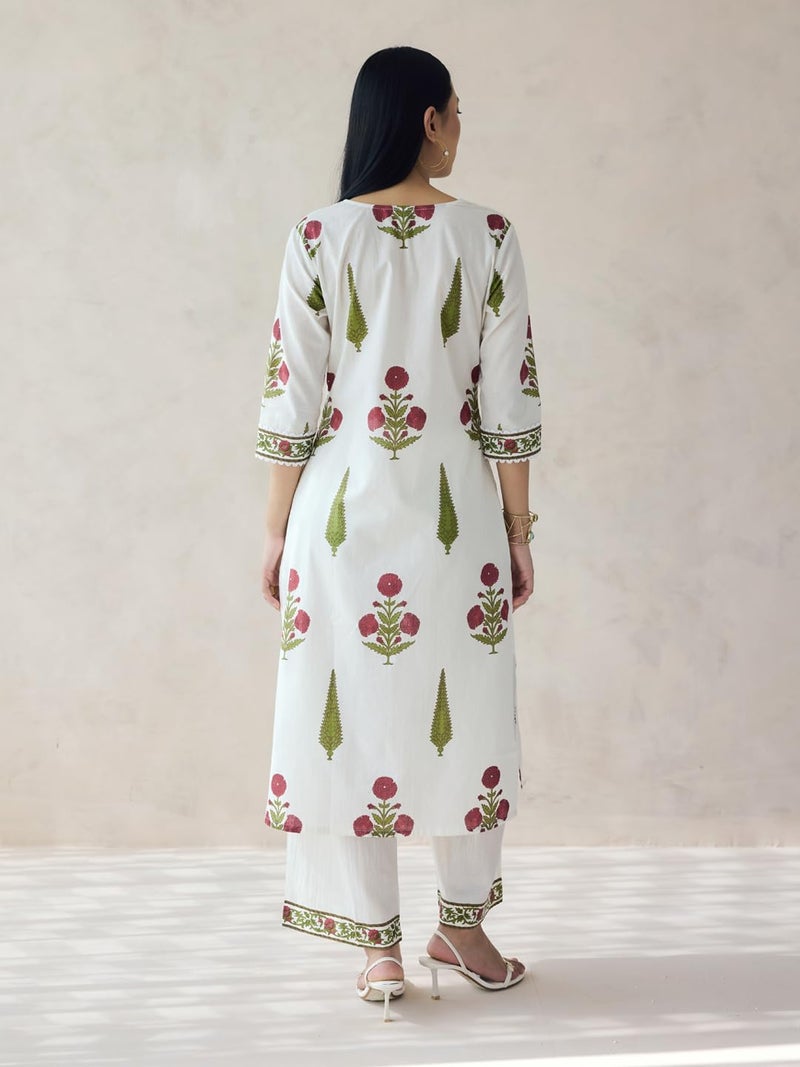 FIORRA Women Cotton Straight Fit Off-White Floral Print Straight Kurta Set - Image 2