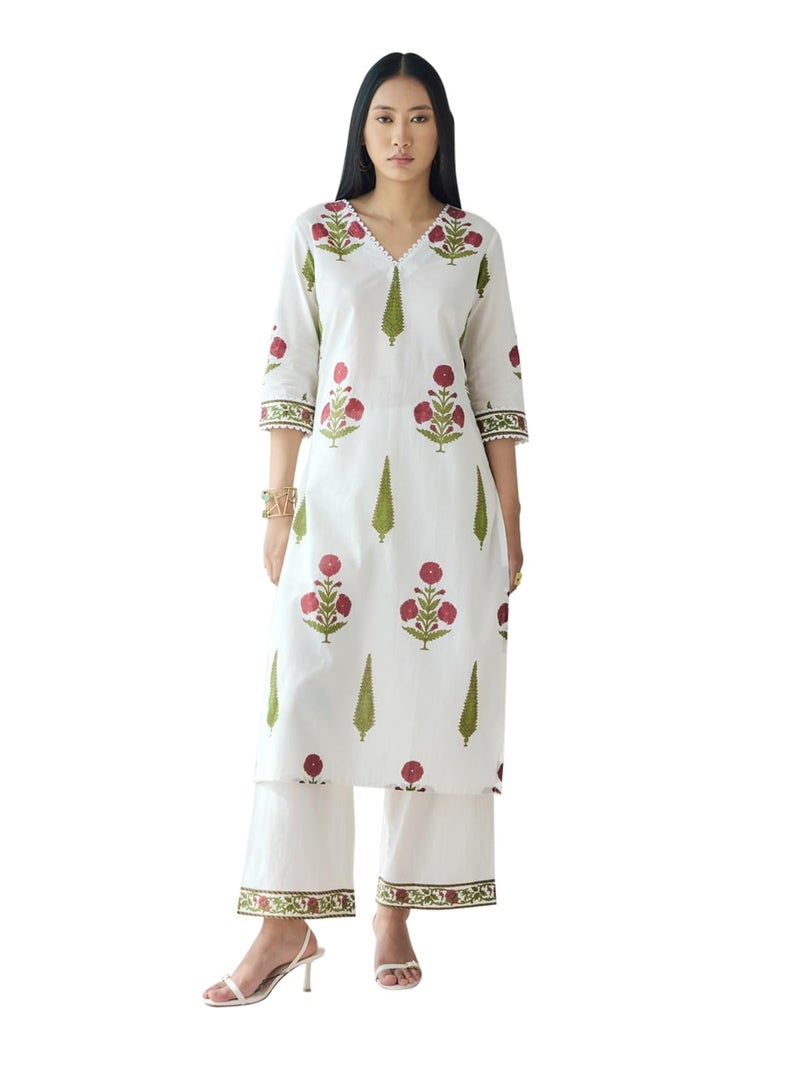FIORRA Women Cotton Straight Fit Off-White Floral Print Straight Kurta Set - Image 1