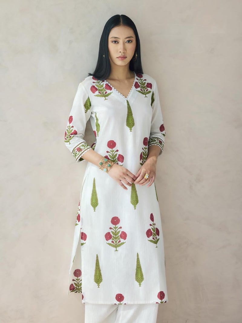 FIORRA Women Cotton Straight Fit Off-White Floral Print Straight Kurta Set - Image 4