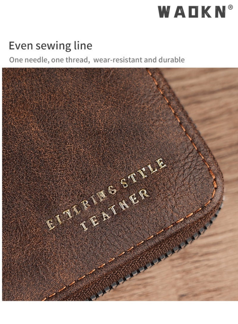 WAOKN Vintage  Matte  Tri-Fold Leather  Zipper Short Wallet for Men| Multiple Card Slots, ID Window & Secure Coin Pocket | Classic Design with Banknote Compartment， Daily Business Card Holder Unisex（11.5*9.5*2.5cm ,brown） - Image 4