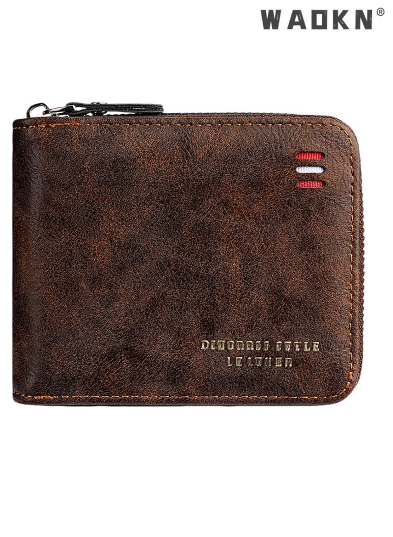 WAOKN Vintage  Matte  Tri-Fold Leather  Zipper Short Wallet for Men| Multiple Card Slots, ID Window & Secure Coin Pocket | Classic Design with Banknote Compartment， Daily Business Card Holder Unisex（11.5*9.5*2.5cm ,brown） - Image 1
