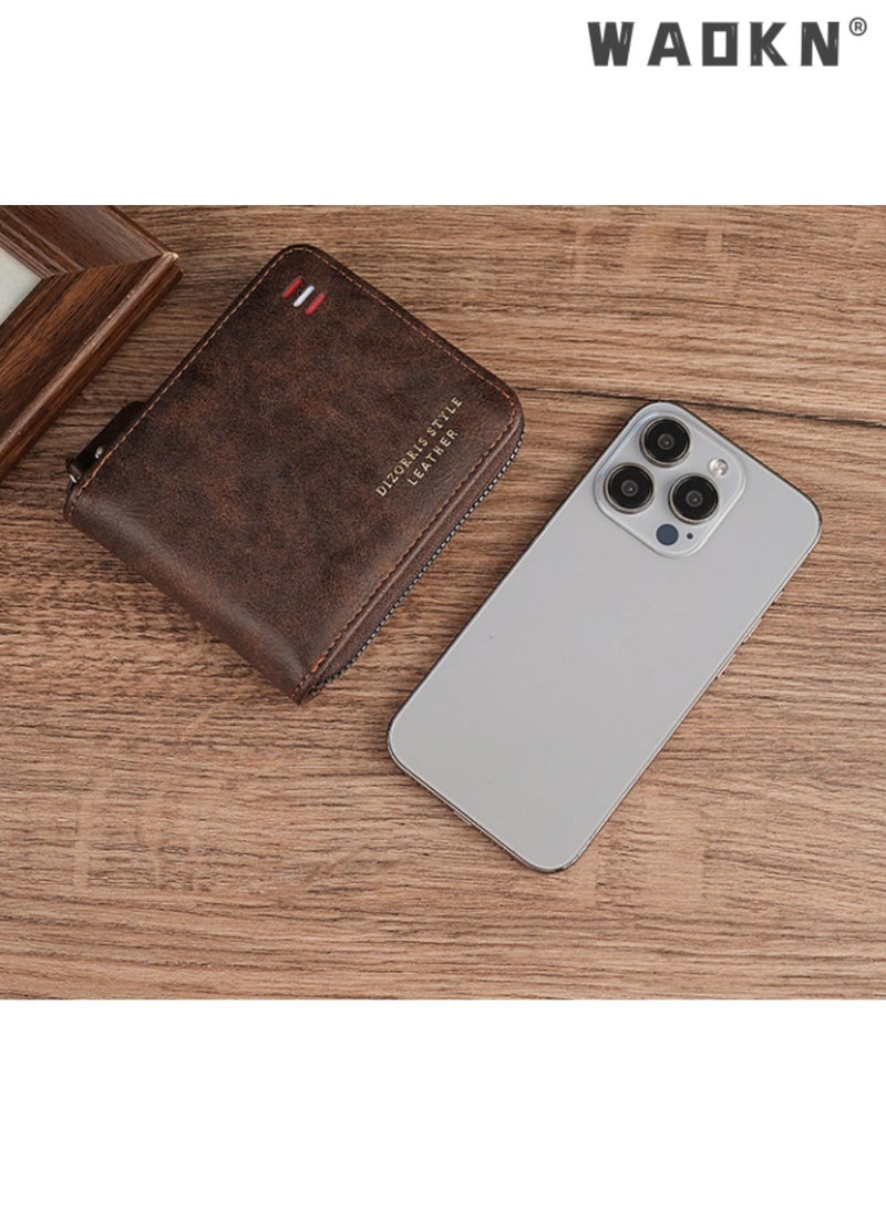 WAOKN Vintage  Matte  Tri-Fold Leather  Zipper Short Wallet for Men| Multiple Card Slots, ID Window & Secure Coin Pocket | Classic Design with Banknote Compartment， Daily Business Card Holder Unisex（11.5*9.5*2.5cm ,brown） - Image 2