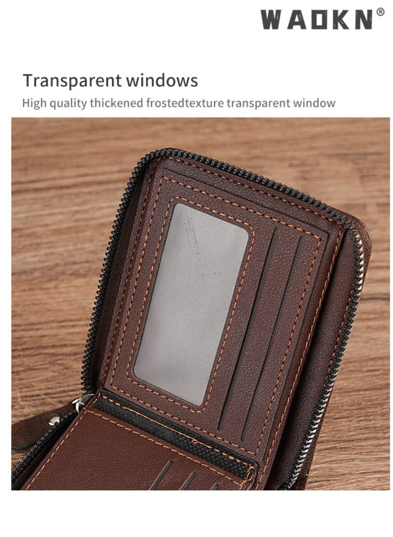 WAOKN Vintage  Matte  Tri-Fold Leather  Zipper Short Wallet for Men| Multiple Card Slots, ID Window & Secure Coin Pocket | Classic Design with Banknote Compartment， Daily Business Card Holder Unisex（11.5*9.5*2.5cm ,brown） - Image 5