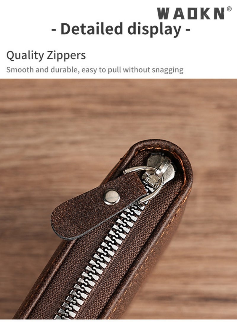 WAOKN Vintage  Matte  Tri-Fold Leather  Zipper Short Wallet for Men| Multiple Card Slots, ID Window & Secure Coin Pocket | Classic Design with Banknote Compartment， Daily Business Card Holder Unisex（11.5*9.5*2.5cm ,brown） - Image 3
