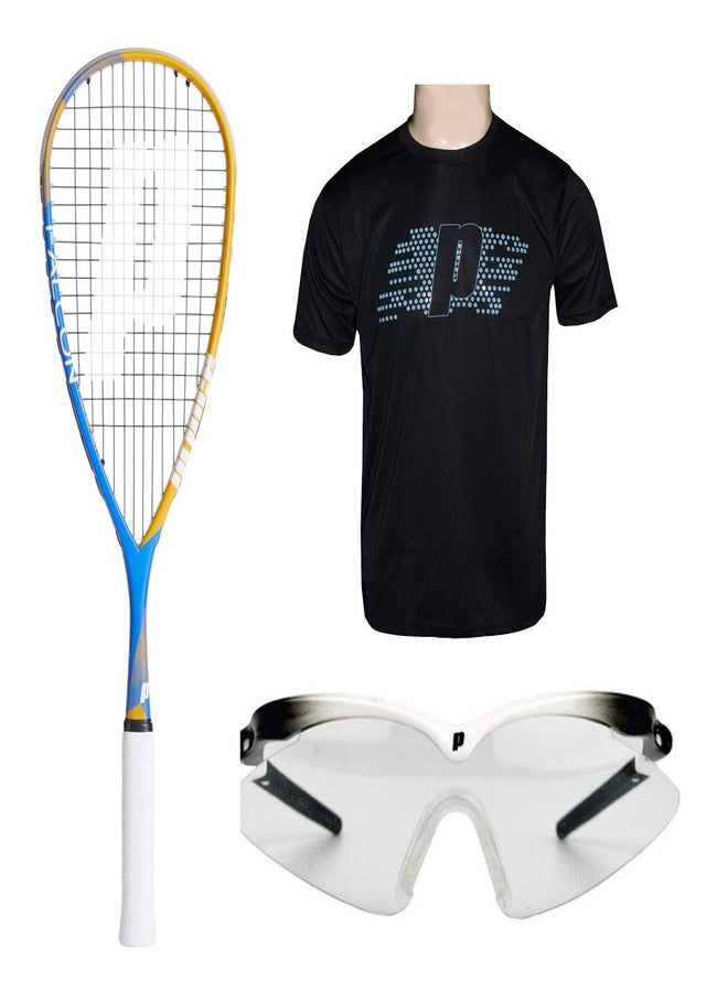 برنس مضرب اسكواش برينس فالكون تاتش 350 مع تيشيرت أسود برقبة دائرية مقاس M ونظارة مربعة سكوبا سليم أبيض/أسود - Image 1