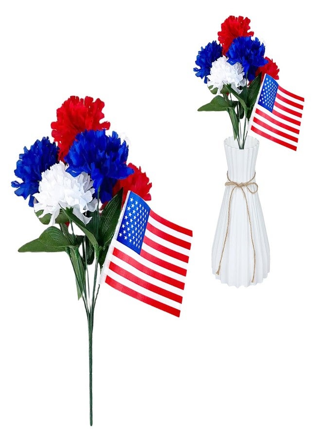 Mimeile Artificial Memorial Flowers Patriotic Bouquet Red White and Blue Lilac with American Flag for 4th of July Independence Day Memorial Day Party Supplies Home Table Decor - Image 1
