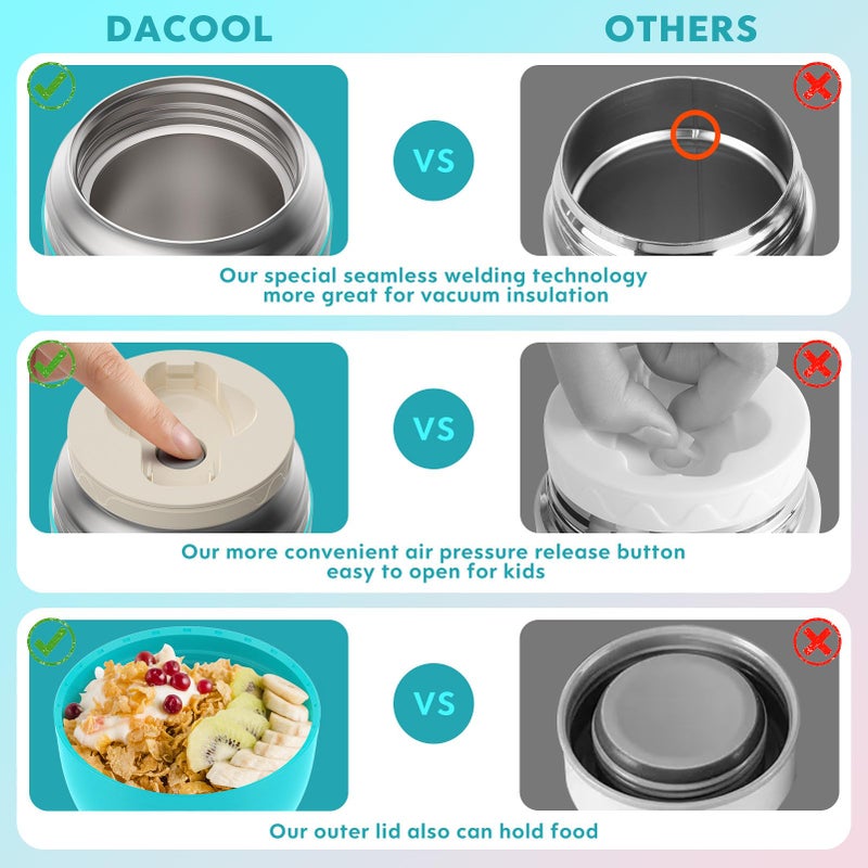 DaCool Food Thermo for Hot Food Insulated Food Jar 16 Ounce Vacuum Stainless Kids Lunch Thermo Container Bento for Kids Adult with Spoon Leakproof for School Office Picnic Travel Outdoors,Cyan Blue - Image 4