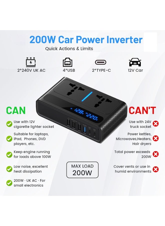 200W Power Inverter,Car Power Inverter 12V to 240V with 2 Sockets, 4 USB Ports and 2 Type-C Ports,Fast Charging Car Voltage Converter Inverter,with Lighter Plug,Suitable for Laptops, iPads - Image 3