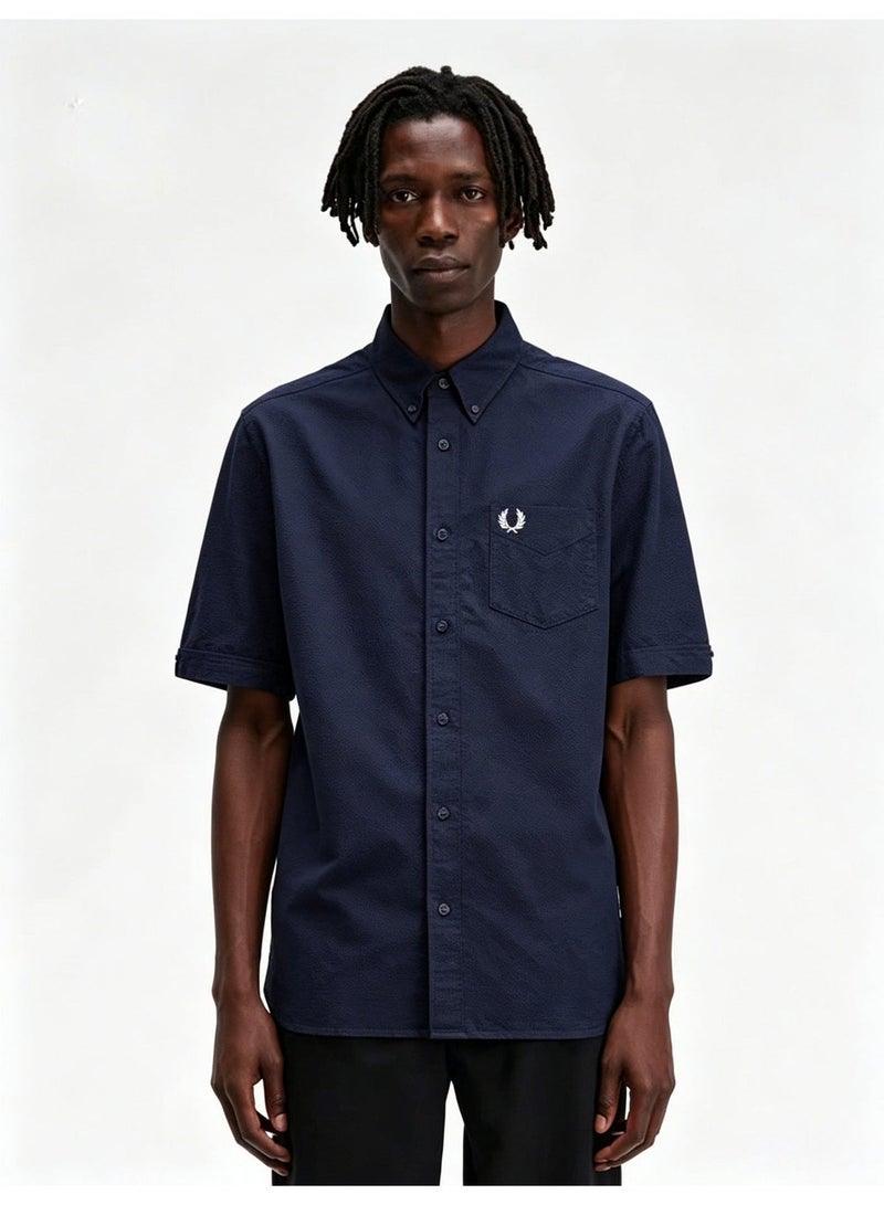 Fred Perry Loose Fit Button Down Embroidered Casual Short Sleeve Shirt in Navy Blue - Image 1
