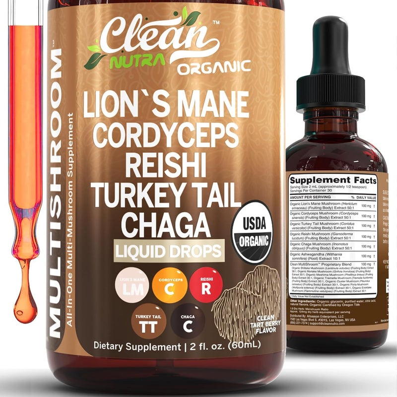 Clean Nutraceuticals Organic Mushroom Supplement Liquid Drops with Lions Mane Turkey Tail Cordyceps Reishi Chaga Shitake Maitake Tremella Oyster Mushrooms Poria and Enokitake Mushrooms Complex Blend by Clean Nutra 