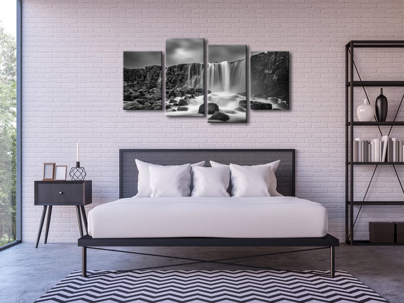 Pyradecor 4 panels Black and White Rocky Waterfall Pictures Paintings on Canvas Wall Art Prints for Wall Decor Living Room Modern Grace Landscape Sea Beach Giclee Canvas Print Artwork Home Decorations - Image 4