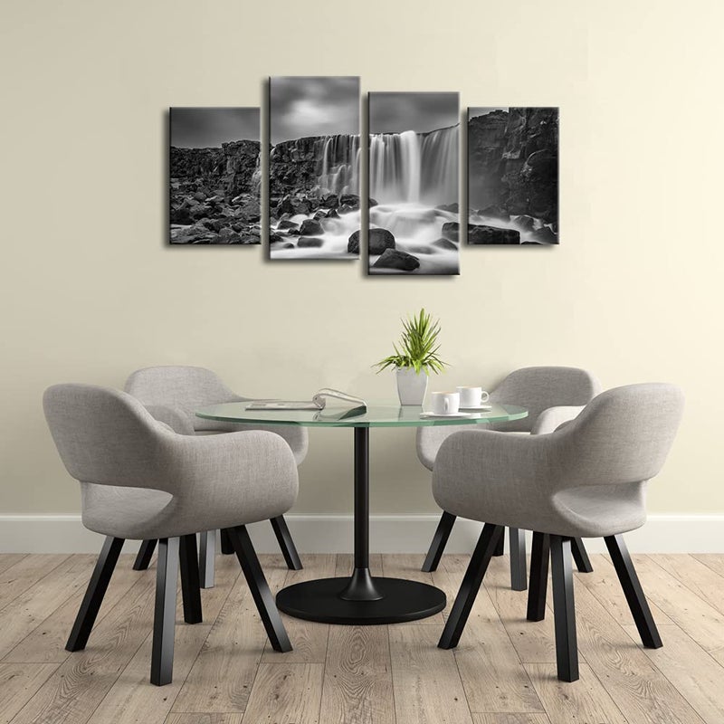 Pyradecor 4 panels Black and White Rocky Waterfall Pictures Paintings on Canvas Wall Art Prints for Wall Decor Living Room Modern Grace Landscape Sea Beach Giclee Canvas Print Artwork Home Decorations - Image 3