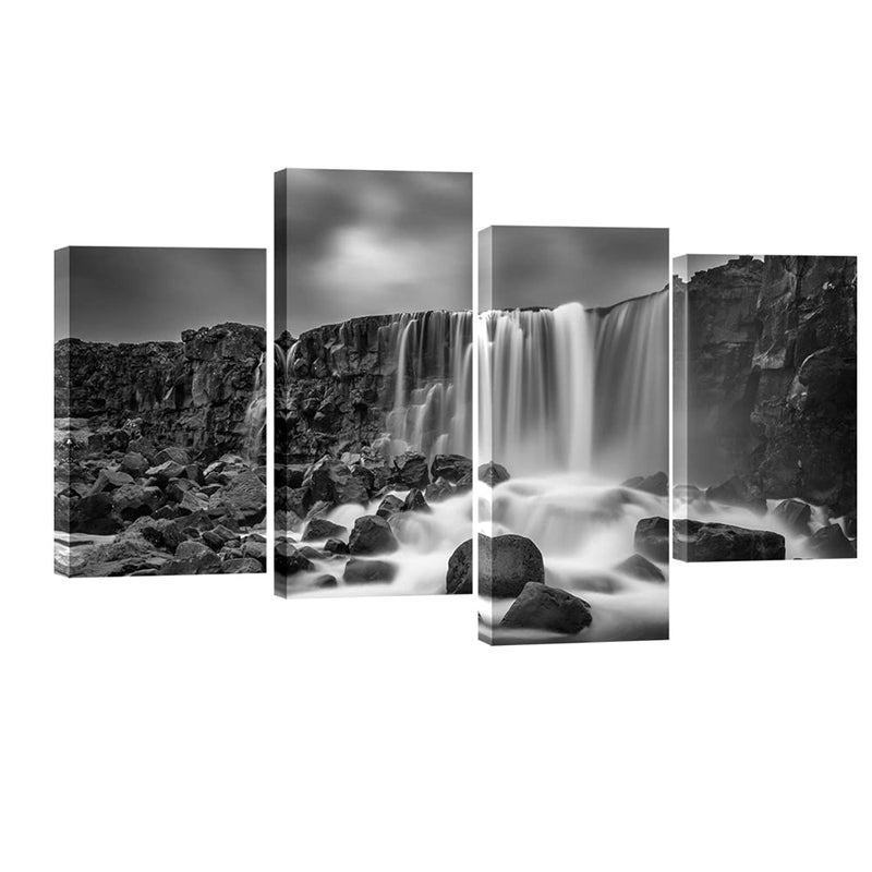 Pyradecor 4 panels Black and White Rocky Waterfall Pictures Paintings on Canvas Wall Art Prints for Wall Decor Living Room Modern Grace Landscape Sea Beach Giclee Canvas Print Artwork Home Decorations - Image 1