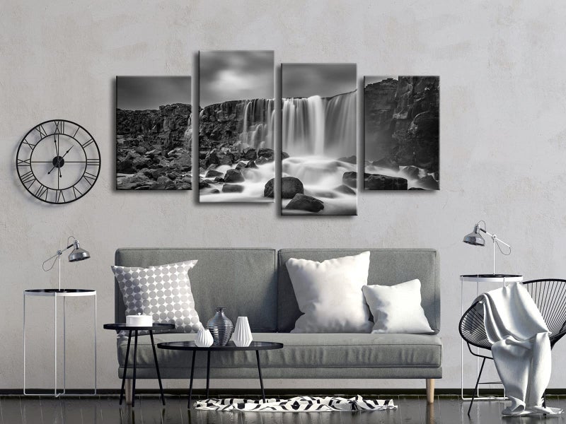 Pyradecor 4 panels Black and White Rocky Waterfall Pictures Paintings on Canvas Wall Art Prints for Wall Decor Living Room Modern Grace Landscape Sea Beach Giclee Canvas Print Artwork Home Decorations - Image 5