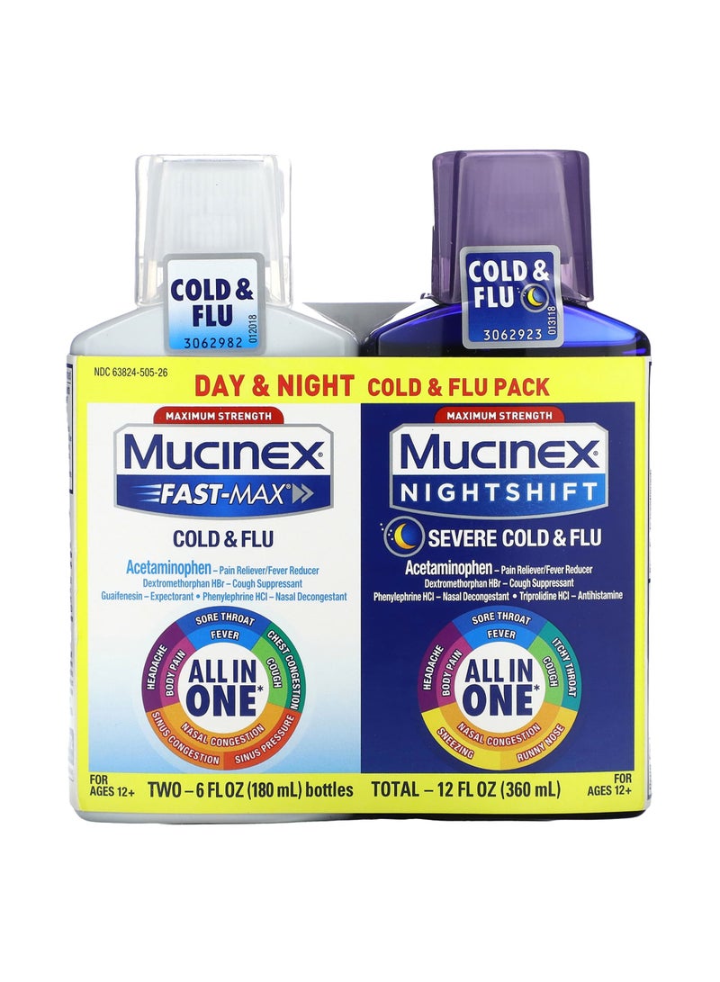 Day & Night Cold & Flu Pack, Maximum Strength, For Ages 12+, 2 Bottles, 6 fl oz (180 ml) Each