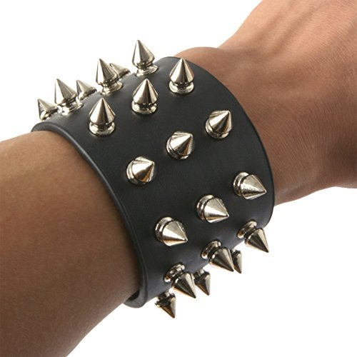 HZMAN Unisex Black Metal Spike Studded Punk Rock Biker Wide Strap Leather Bracelet (5cm Wide - Spike Black) - Image 2
