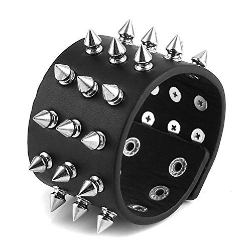 HZMAN Unisex Black Metal Spike Studded Punk Rock Biker Wide Strap Leather Bracelet (5cm Wide - Spike Black) - Image 1