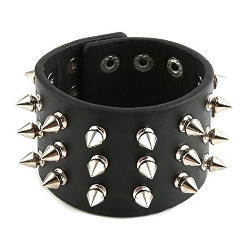 HZMAN Unisex Black Metal Spike Studded Punk Rock Biker Wide Strap Leather Bracelet (5cm Wide - Spike Black) - Image 4