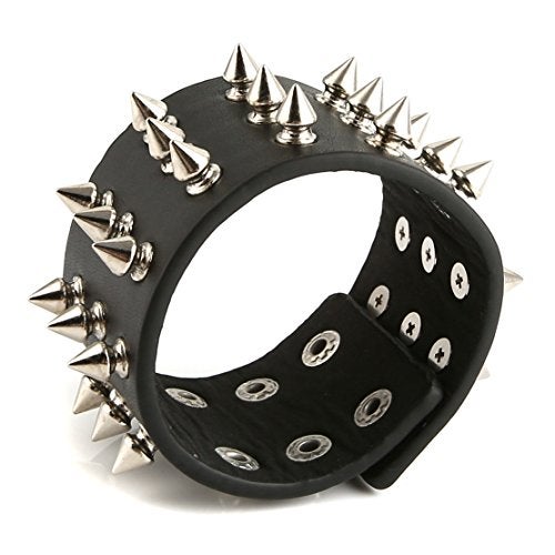 HZMAN Unisex Black Metal Spike Studded Punk Rock Biker Wide Strap Leather Bracelet (5cm Wide - Spike Black) - Image 3