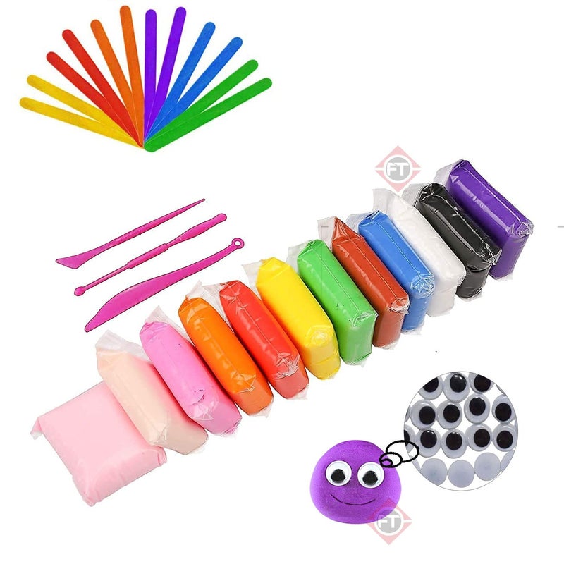 Firstly Firstly Traders 12 Color Air Dry Clay Set for Jewellery Earring Making Beginners Kit Ice Cream Sticks Googly Eyes Clay RingsBasic ColorsModelling Tools with Clay 